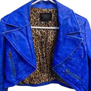 TCEC Royal Blue Faux Leather cropped Jacket. Size Medium.